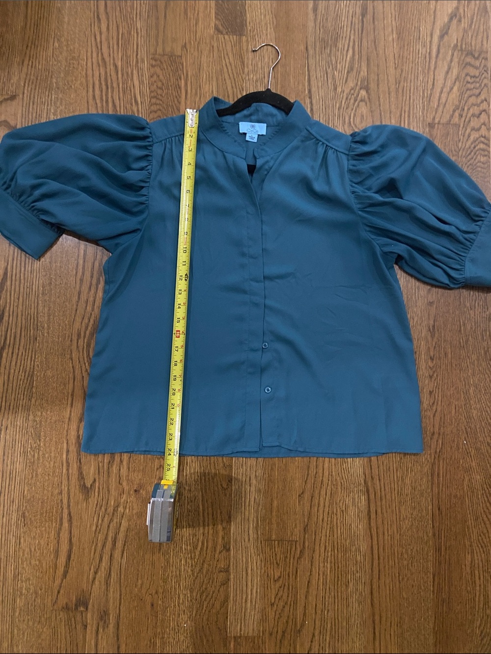 CeCe Teal Puff-Sleeve Button-Front Blouse - Picture 5 of 6